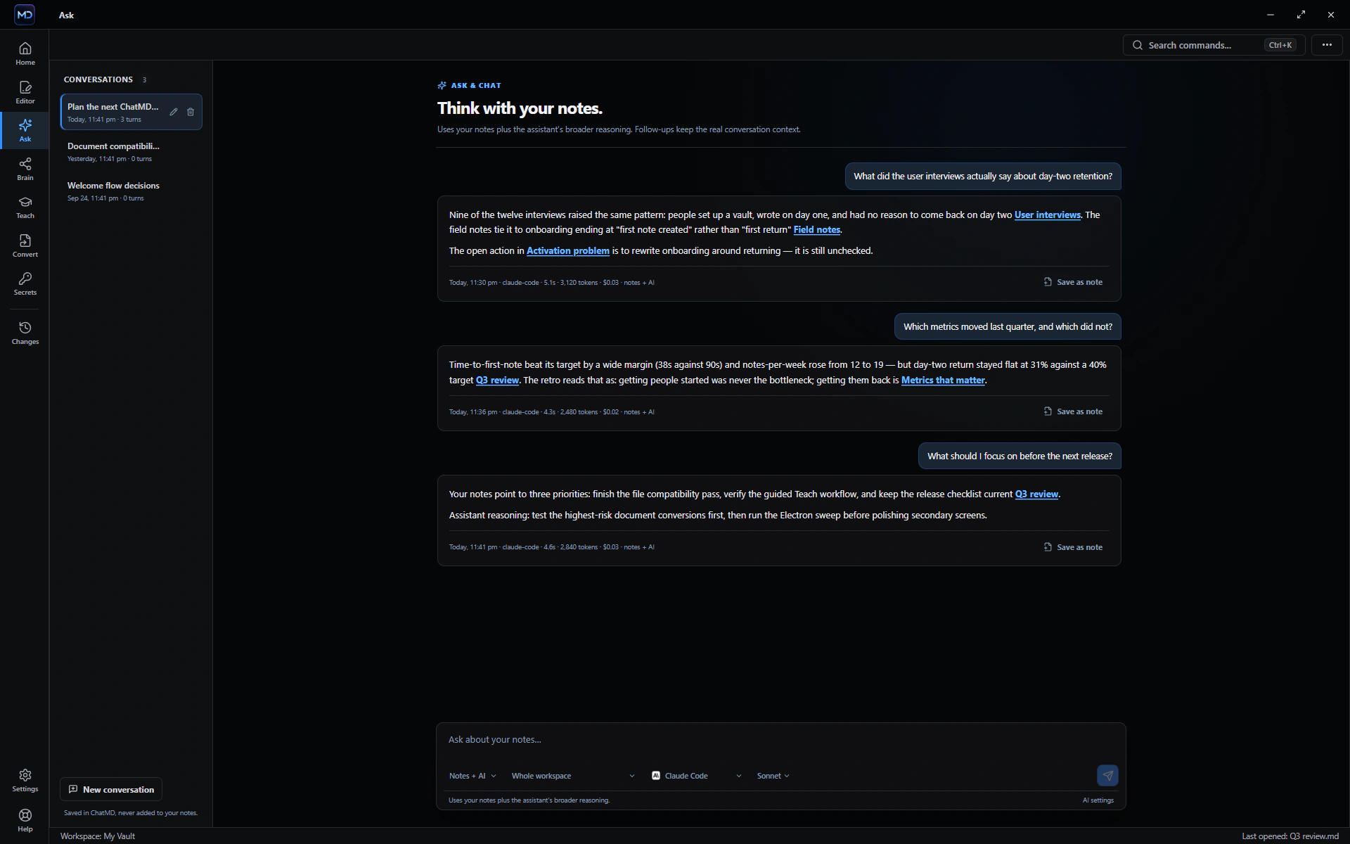 ChatMD Studio Ask and Chat showing a cited answer based on local files