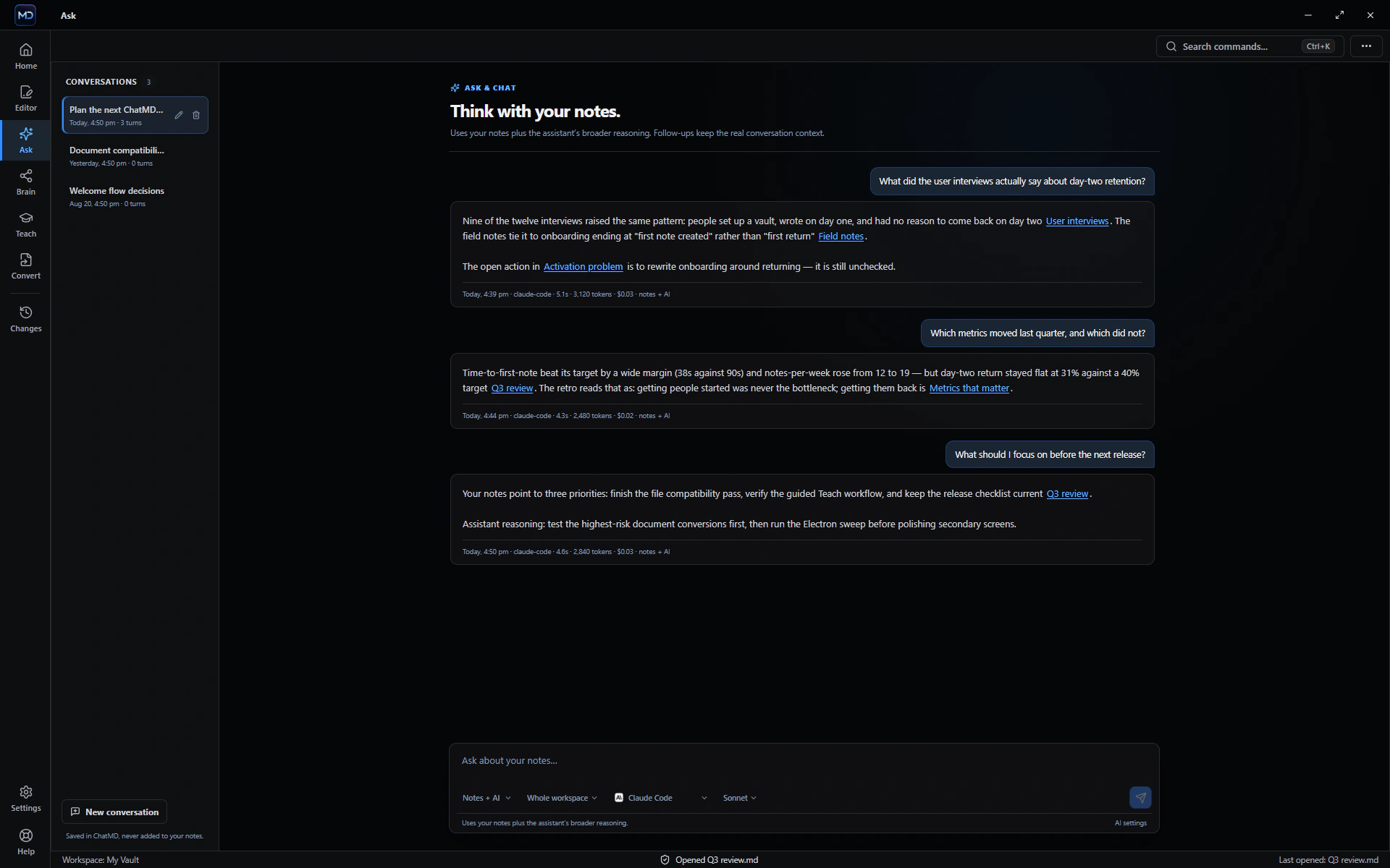 Ask i Chat w ChatMD Studio z odpowiedzią opartą na lokalnych plikach i odwołaniami do źródeł