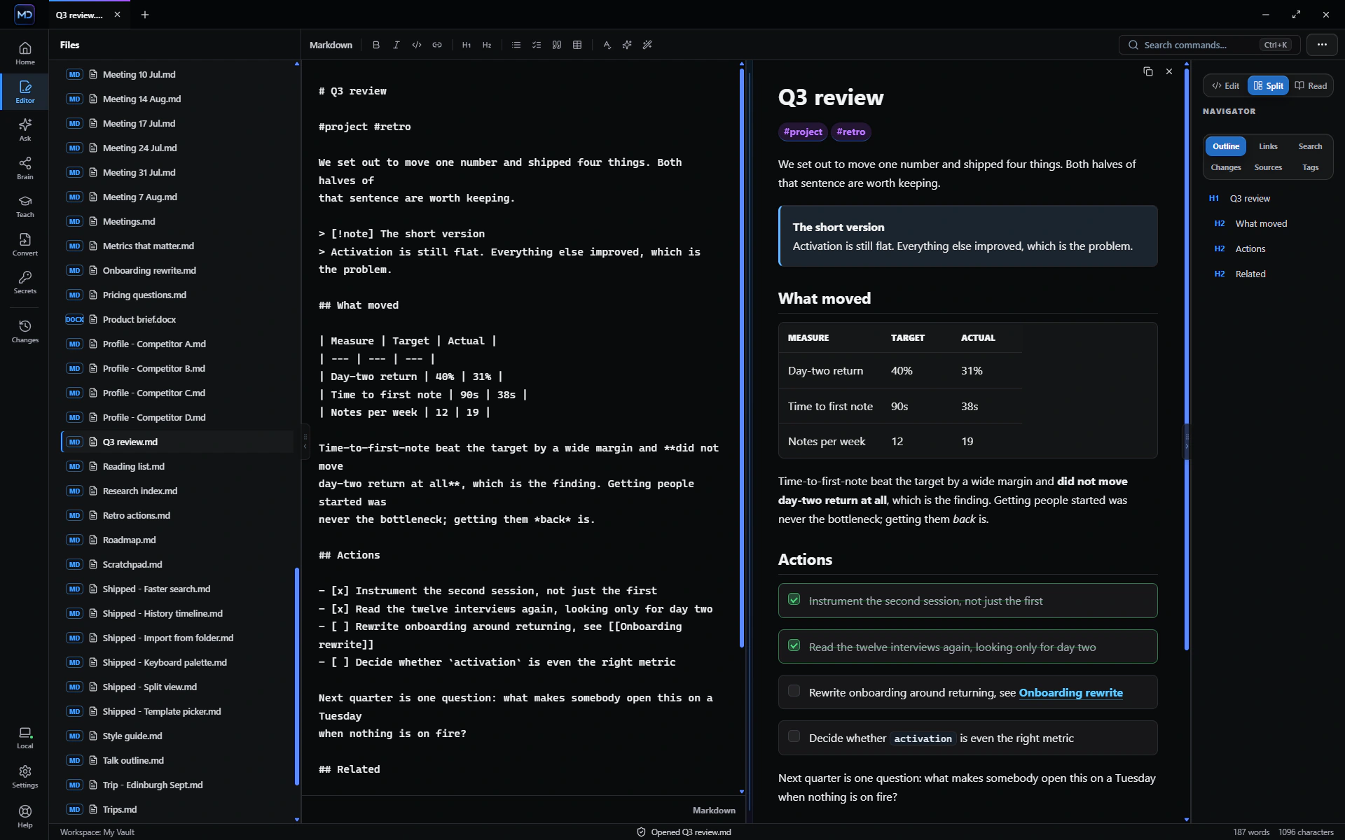 ChatMD Studio, Editor: die Notizen im Arbeitsbereich auf diesem PC neben der geöffneten Notiz