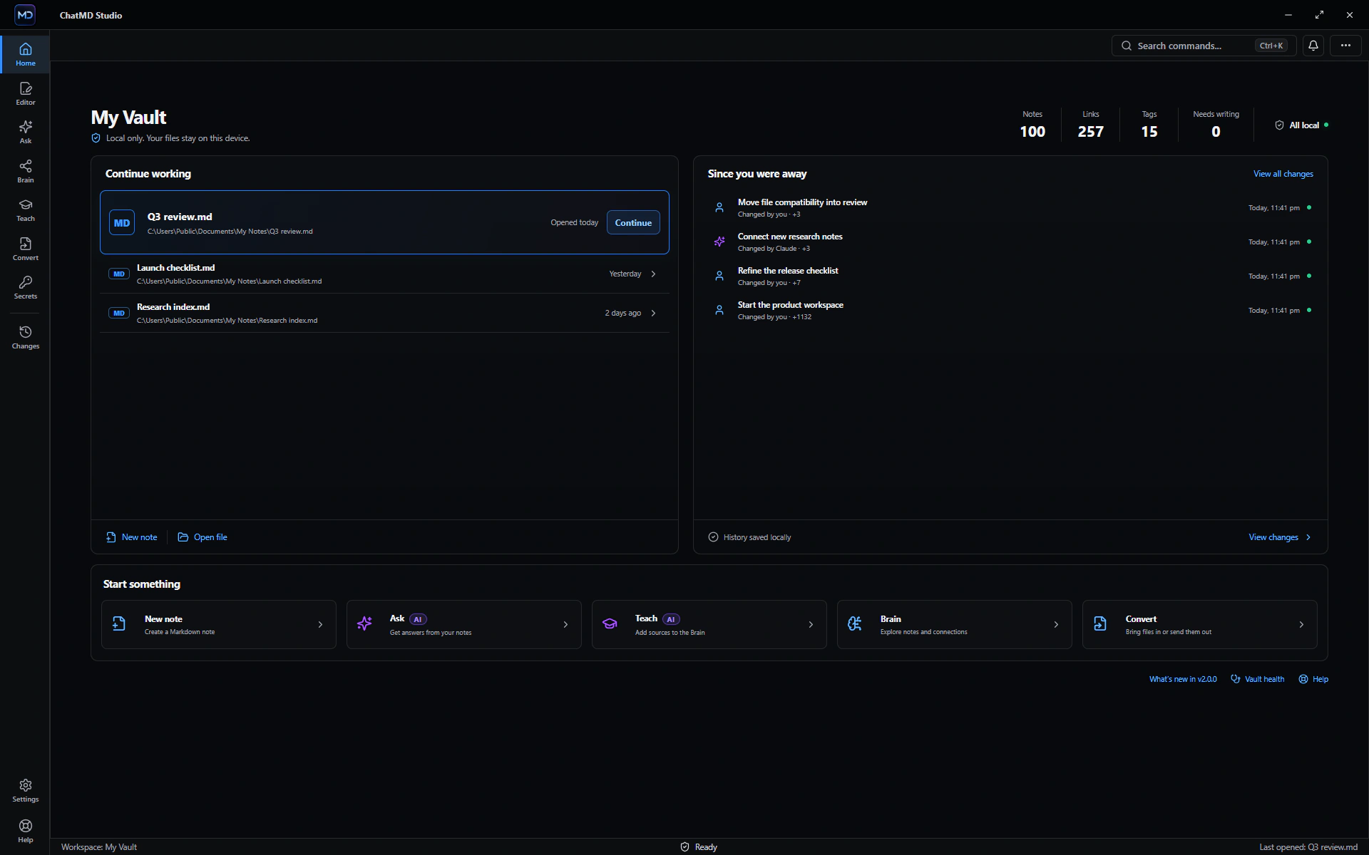 ChatMD Studio workspace showing local files and recent work