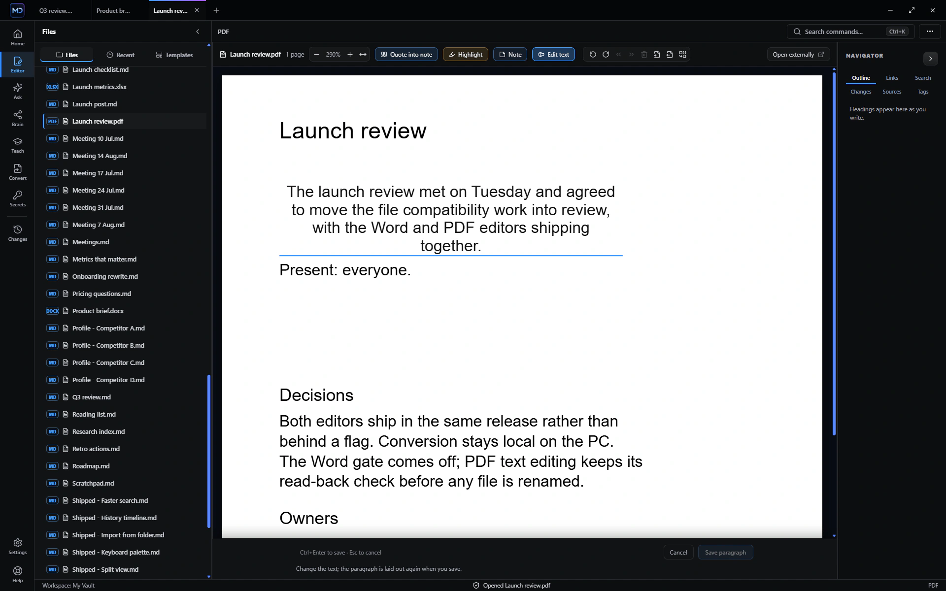 ChatMD Studio editing a whole paragraph on a PDF page