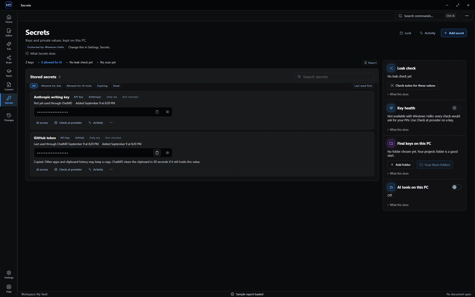 ChatMD Studio Secrets listing stored keys with their values hidden