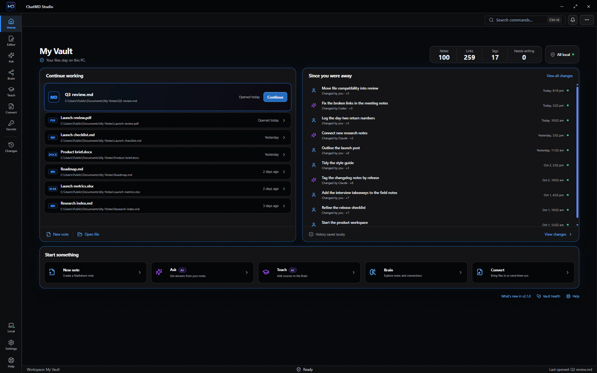 ChatMD Studio Home showing recent files and local activity
